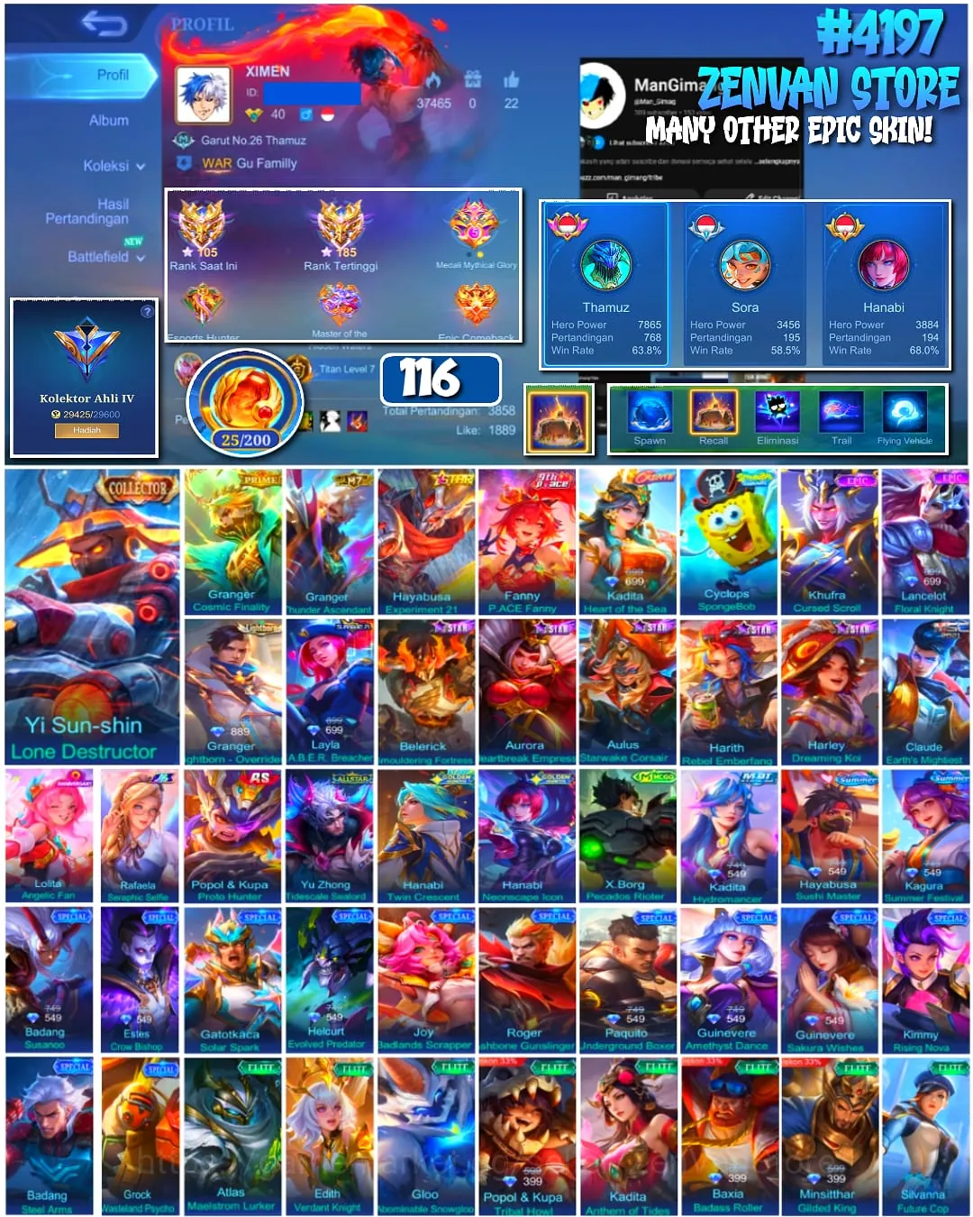 Mobile Legends: Bang Bang Accounts 🔥 #4197 🔥 💎 116 Skins 👑 Collector Yi Sun-shin Lone Destructor ⚔️ Expert Collector IV 1
