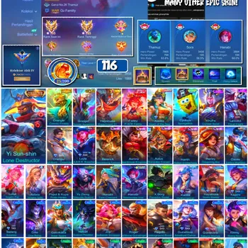 Mobile Legends: Bang Bang Accounts 🔥 #4197 🔥 💎 116 Skins 👑 Collector Yi Sun-shin Lone Destructor ⚔️ Expert Collector IV