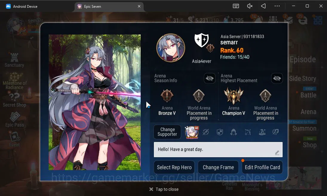 Epic Seven Accounts Mid-Tier ASIA Verif| 9 ML(BArunka,Belian,SS Vivian,Etc)+Stark,TA Coli,Etc|AUTO W Hunt|271 Speed SE 2