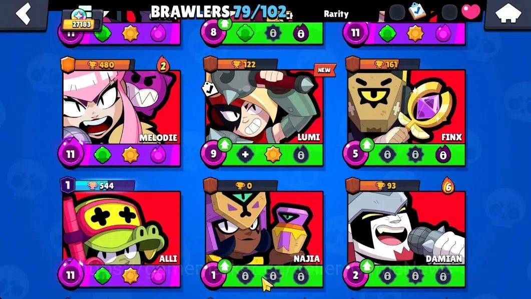 Brawl Stars Accounts 27183 Trophy|79 Brawlers 22 Max Lvl|13 Prestige|255 Skin|4 Hypch Skins 7 Legend 6 Myth 54 11
