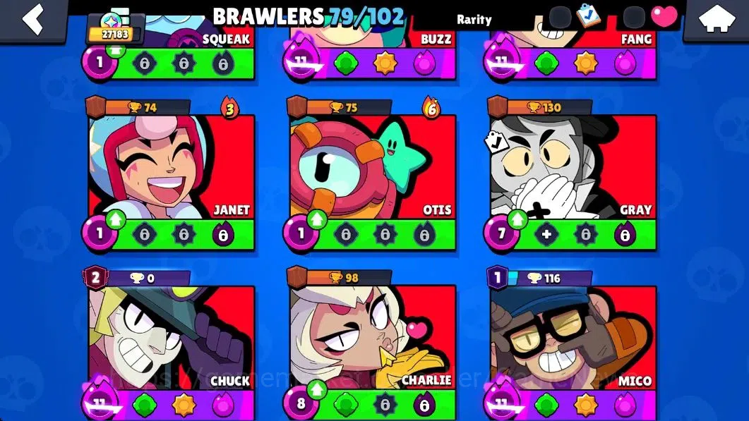 Brawl Stars Accounts 27183 Trophy|79 Brawlers 22 Max Lvl|13 Prestige|255 Skin|4 Hypch Skins 7 Legend 6 Myth 54 12