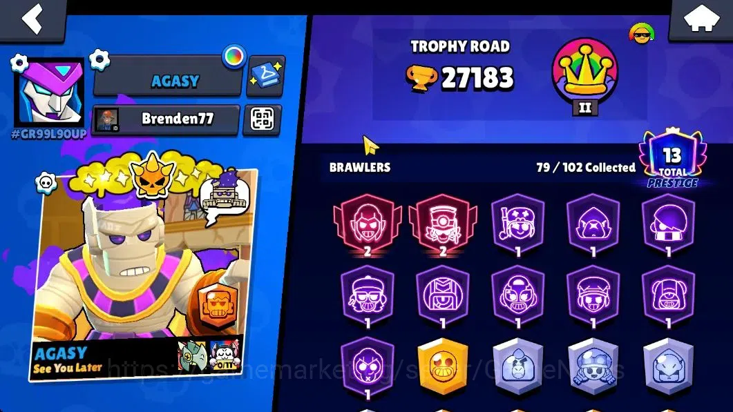 Brawl Stars Accounts 27183 Trophy|79 Brawlers 22 Max Lvl|13 Prestige|255 Skin|4 Hypch Skins 7 Legend 6 Myth 54 4
