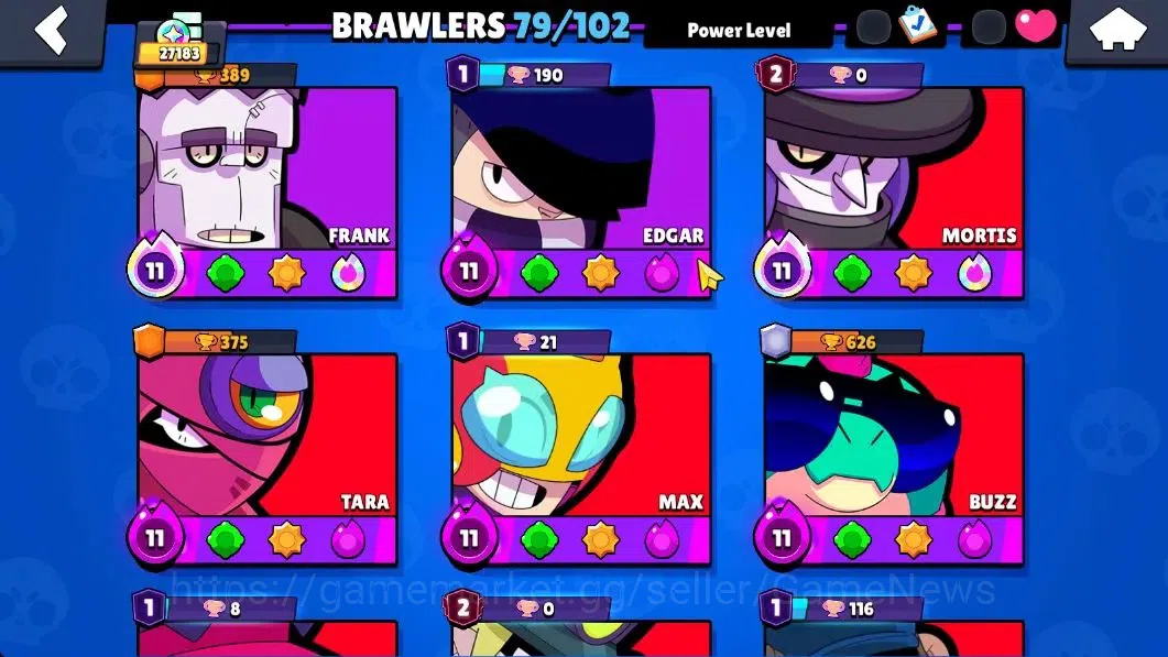 Brawl Stars Accounts 27183 Trophy|79 Brawlers 22 Max Lvl|13 Prestige|255 Skin|4 Hypch Skins 7 Legend 6 Myth 54 6