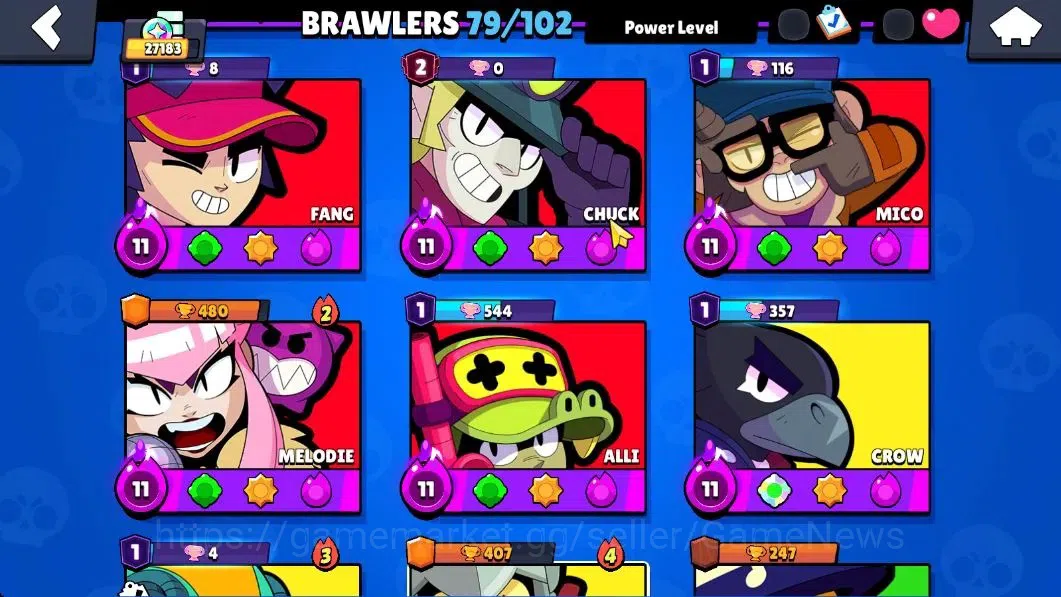 Brawl Stars Accounts 27183 Trophy|79 Brawlers 22 Max Lvl|13 Prestige|255 Skin|4 Hypch Skins 7 Legend 6 Myth 54 7