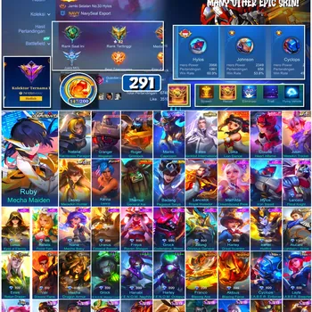 Mobile Legends: Bang Bang Accounts #4486 291 Skins | Granger Megatron (TRANSFORMERS) | Karina Leona (KOF) | Roger Grimlock