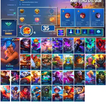 Mobile Legends: Bang Bang Accounts #3933 | 35 Skins | KoF Karina | Many Special | Many Epic | Safe Account