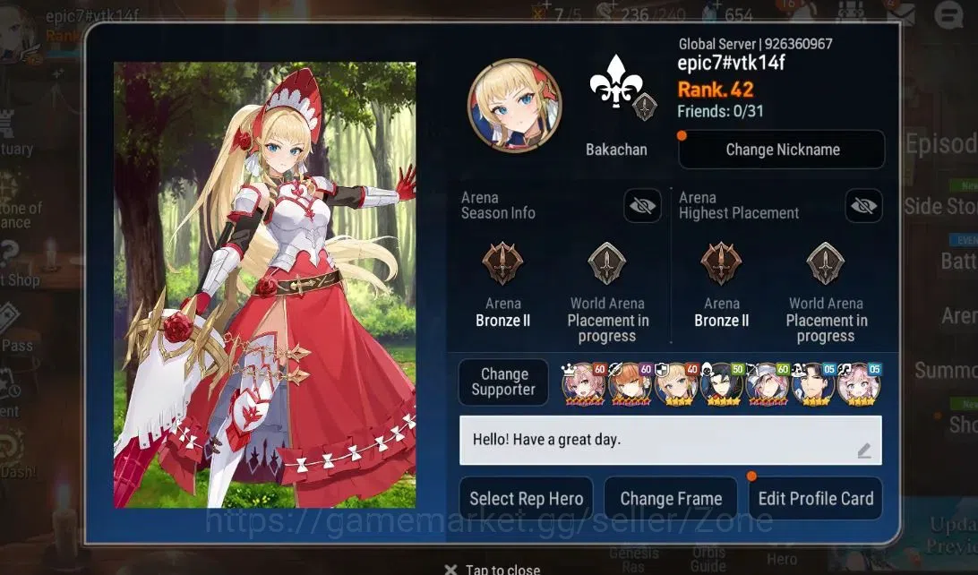 Epic Seven Accounts Starter Global Unverif|7ML (Dark Dienne,DK Sharun,LC Bellona,Etc)|PoH+Bless ON|SS 654|Rank 1