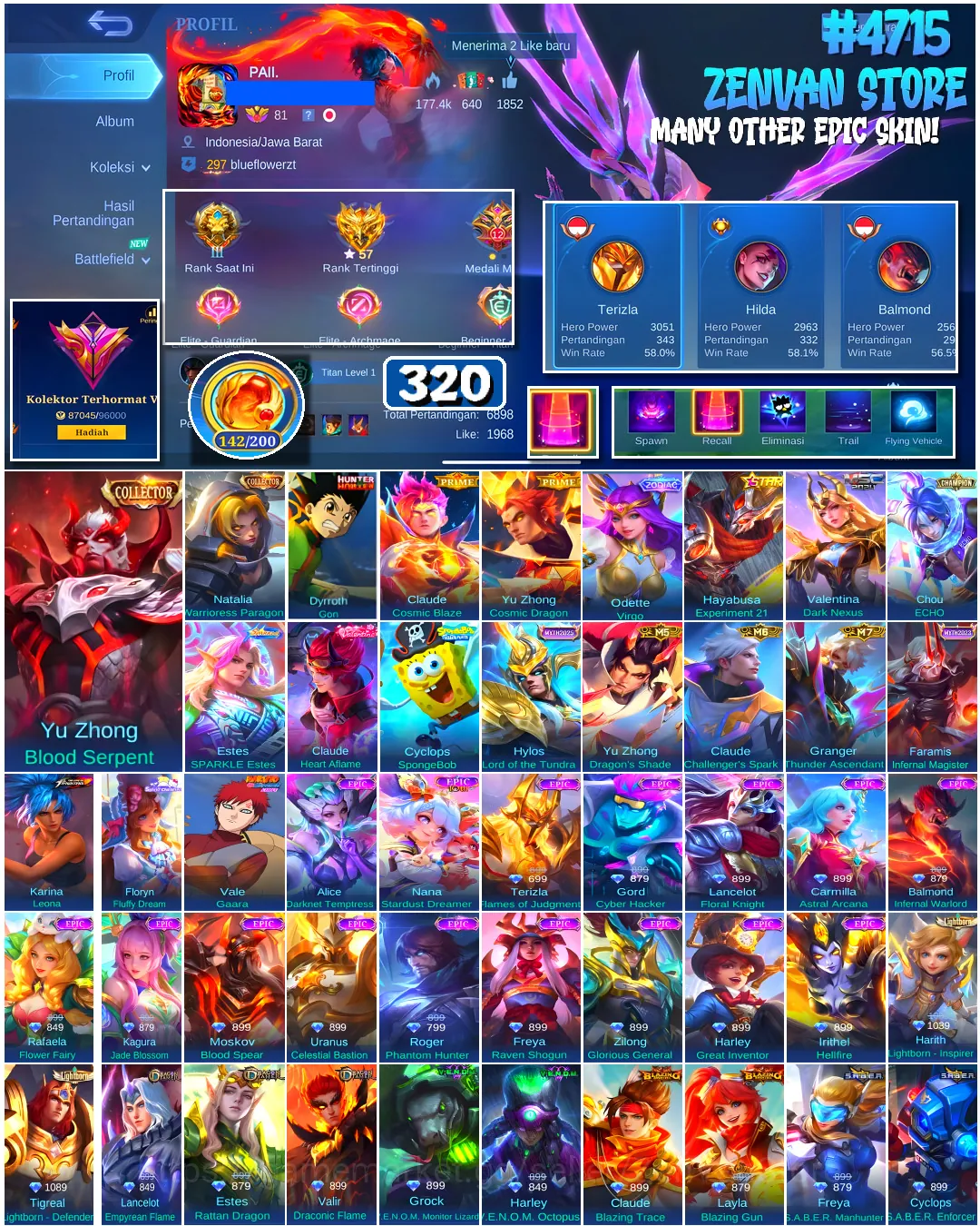 Mobile Legends: Bang Bang Accounts #4715 320 Skins | Yu Zhong Blood Serpent (COLLECTOR) | Dyrroth Gon (HUNTER X HUNTER 1