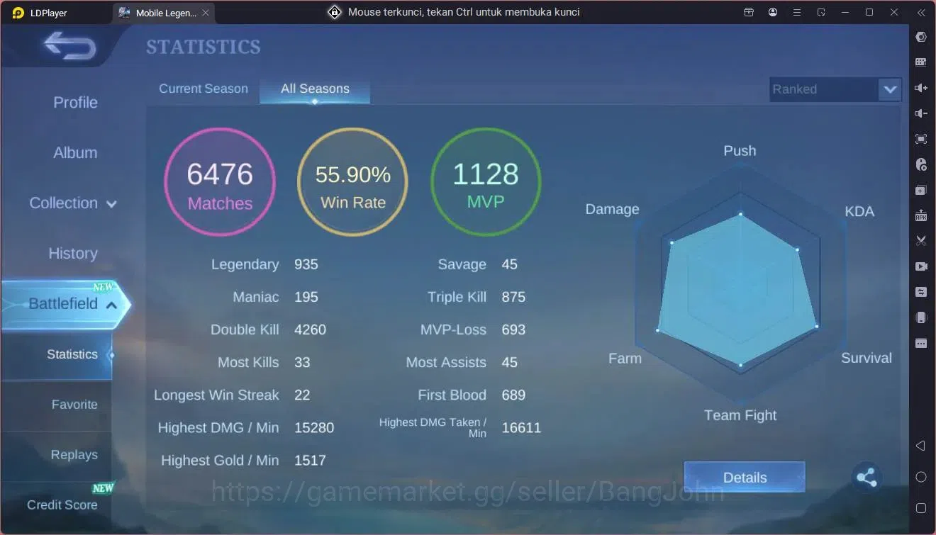 Mobile Legends: Bang Bang Accounts Global|Hero 132|Skin 337|Exalted|Legend Lunox|Sanr image 3