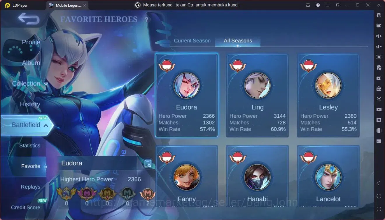 Mobile Legends: Bang Bang Accounts Global|Hero 132|Skin 337|Exalted|Legend Lunox|Sanr image 4