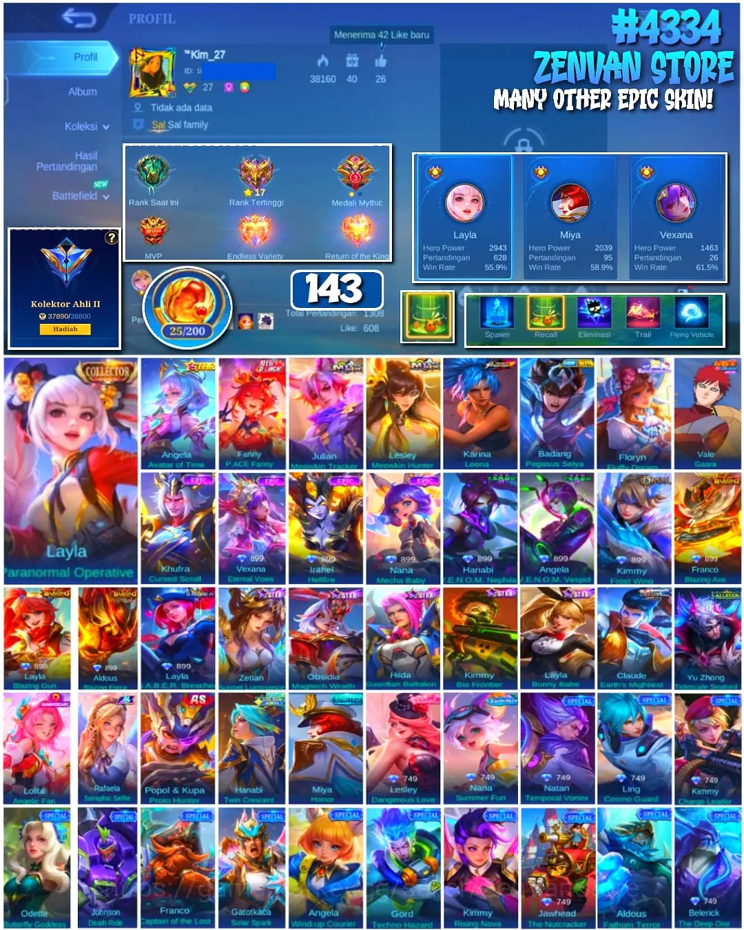 Mobile Legends: Bang Bang Accounts #4334 143 Skins | Karina Leona (KOF) | Badang Pegasus Seiya (SAINT SEIYA) | Vale Gaara 1