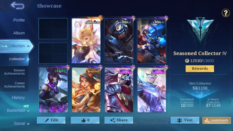 Mobile Legends: Bang Bang Accounts Smurf Hero 52|Skins 53|Smurf|The Aspirants Selena|SABER(Johnson Cyclops),Venom 1