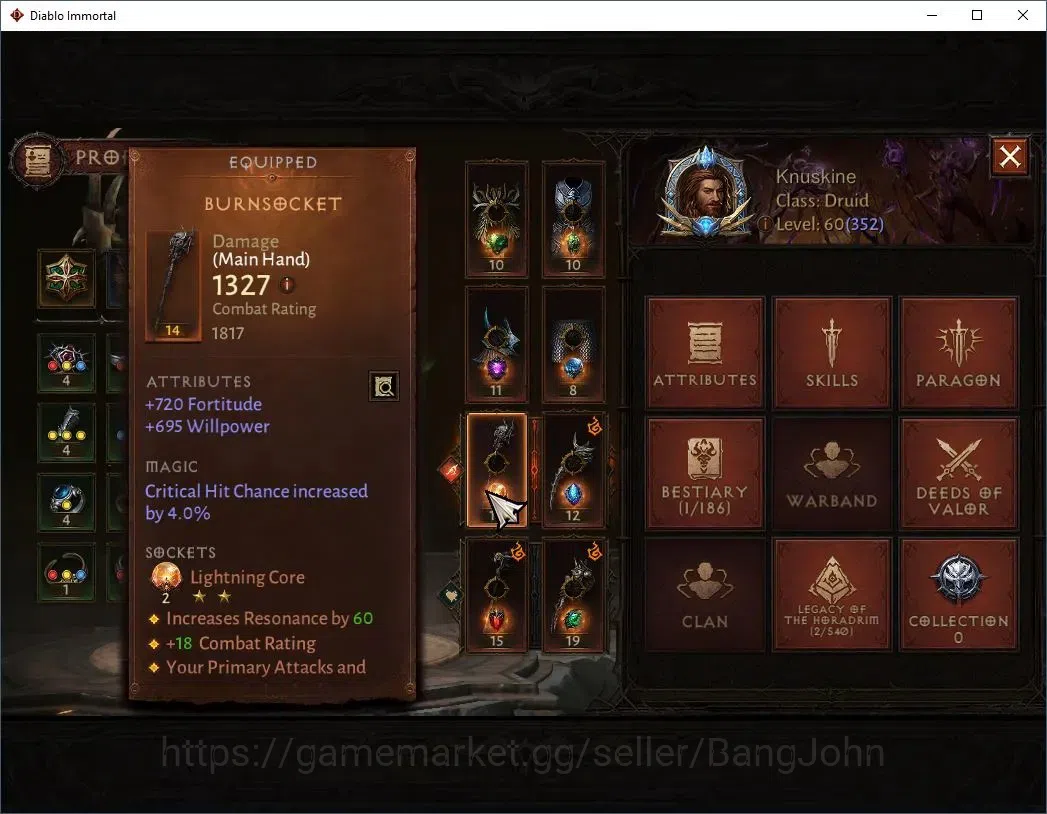 Diablo Immortal Accounts Mid-Tier SEA - Izual | 60 (352) Druid-Maledictor | CR 26k | Reso 450 | Hell 3 | Varog Lv 30 | CS ON 2