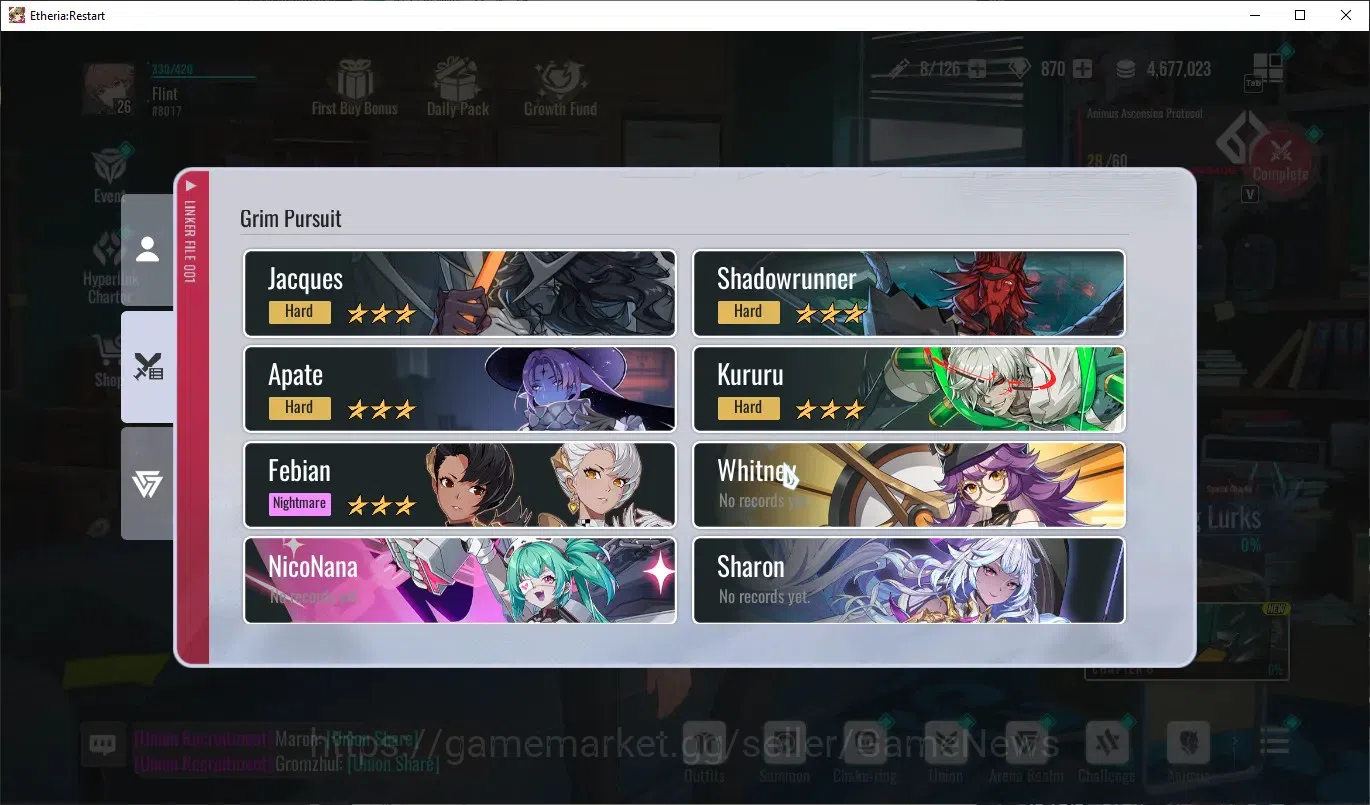 Etheria: Restart Accounts Mid‑Tier EU-S22|Lvl 26|14 SSR|Kloss,Plume,Areal,Xuan Li,Lingluo,Fuqiu,Celince,Lian,Xuan 10