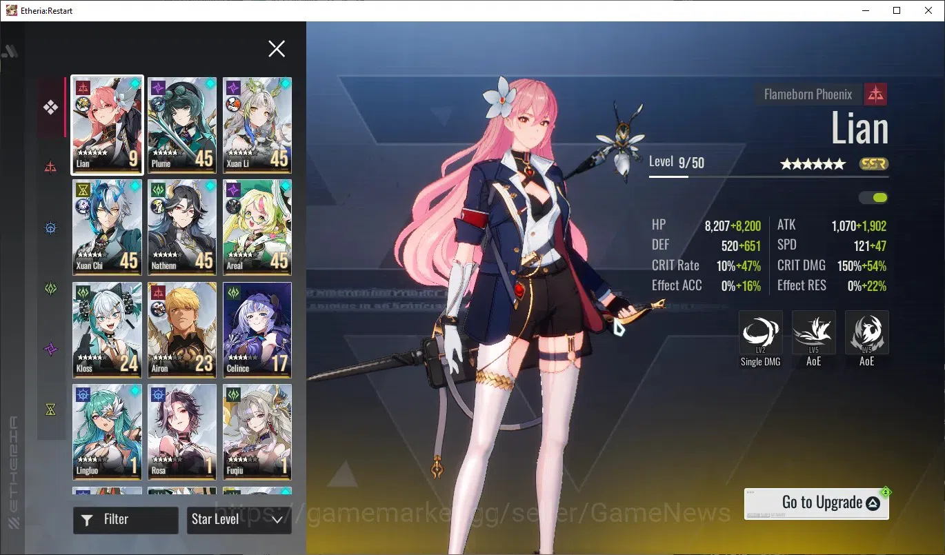 Etheria: Restart Accounts Mid‑Tier EU-S22|Lvl 26|14 SSR|Kloss,Plume,Areal,Xuan Li,Lingluo,Fuqiu,Celince,Lian,Xuan 2