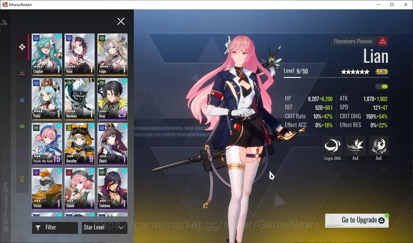 Etheria: Restart Accounts Mid‑Tier EU-S22|Lvl 26|14 SSR|Kloss,Plume,Areal,Xuan Li,Lingluo,Fuqiu,Celince,Lian,Xuan 3