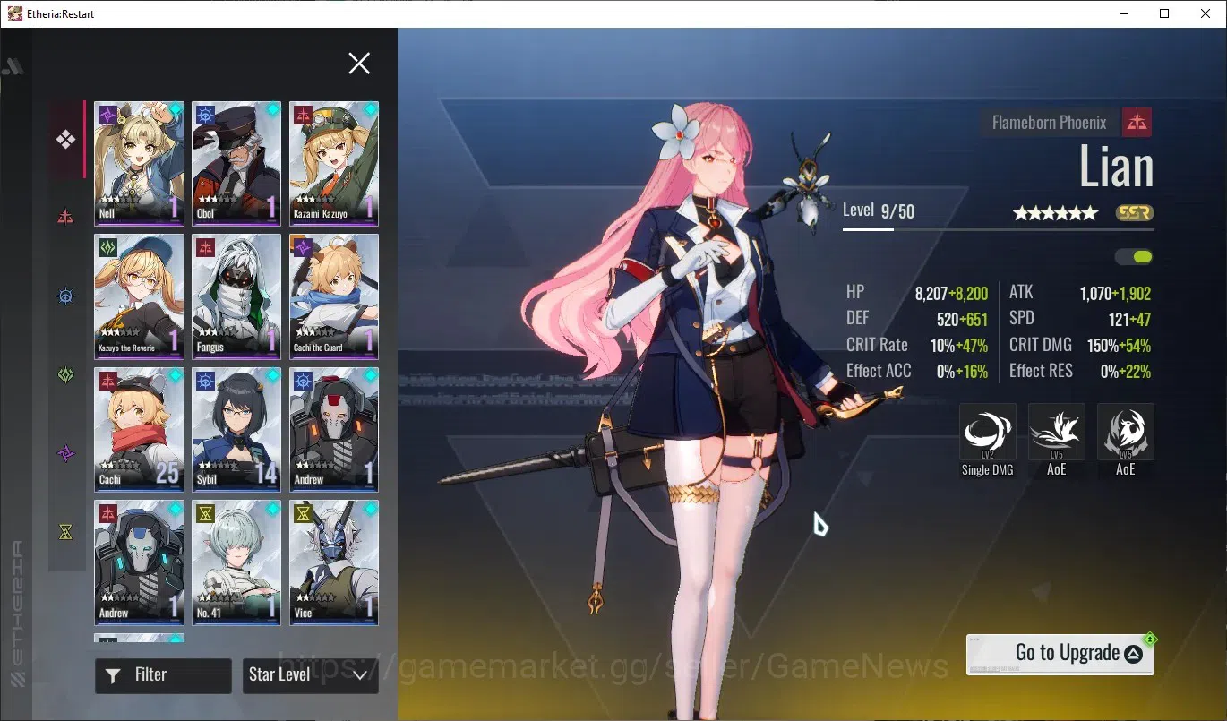 Etheria: Restart Accounts Mid‑Tier EU-S22|Lvl 26|14 SSR|Kloss,Plume,Areal,Xuan Li,Lingluo,Fuqiu,Celince,Lian,Xuan 6