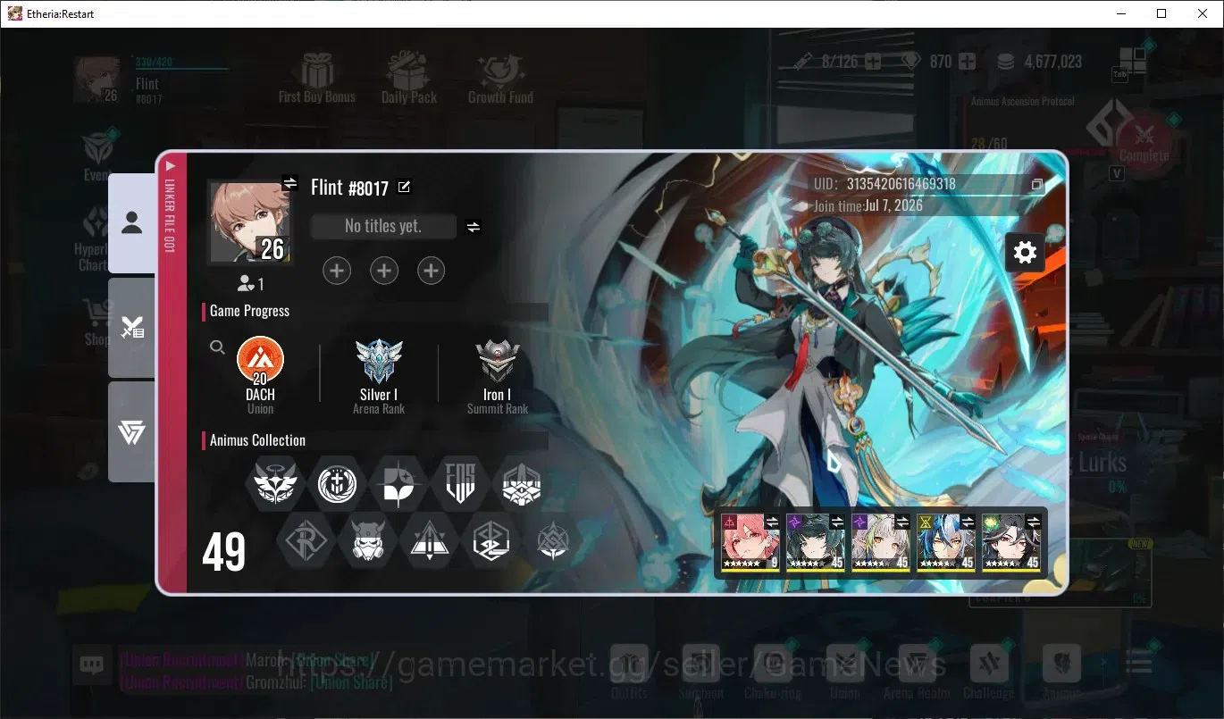 Etheria: Restart Accounts Mid‑Tier EU-S22|Lvl 26|14 SSR|Kloss,Plume,Areal,Xuan Li,Lingluo,Fuqiu,Celince,Lian,Xuan 8