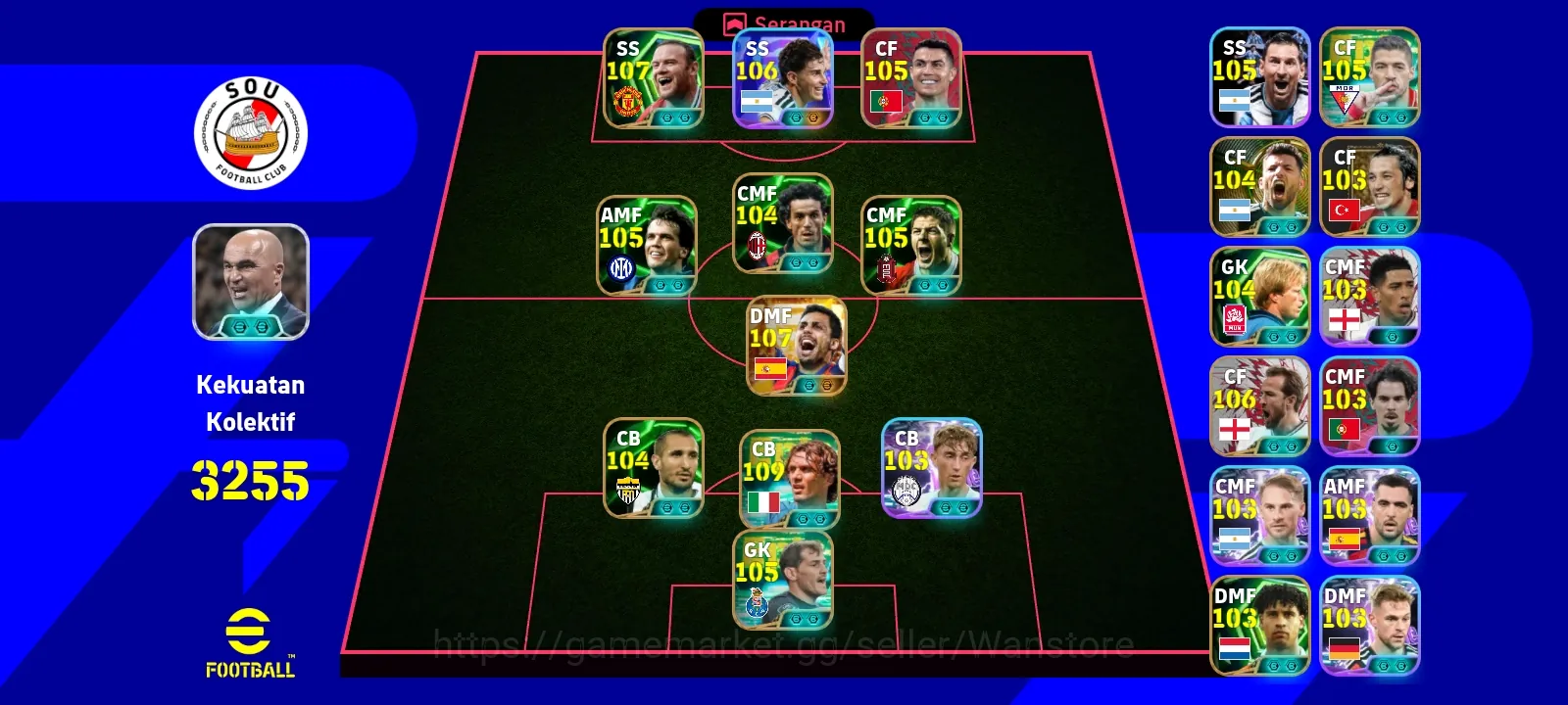 eFootball Accounts Legends & Iconic Players COLLECTIVE 3155, WAYNE ROONEY 107, BIGTIME RODRI 107, PAOLO MALDINI 109, ALVARES 1