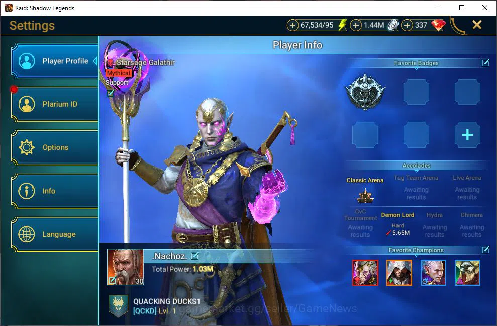 Raid: Shadow Legends Accounts Mid-Game Lv30 1M Power| 1 Mythic (SSGalathir)+8 Legendary 2
