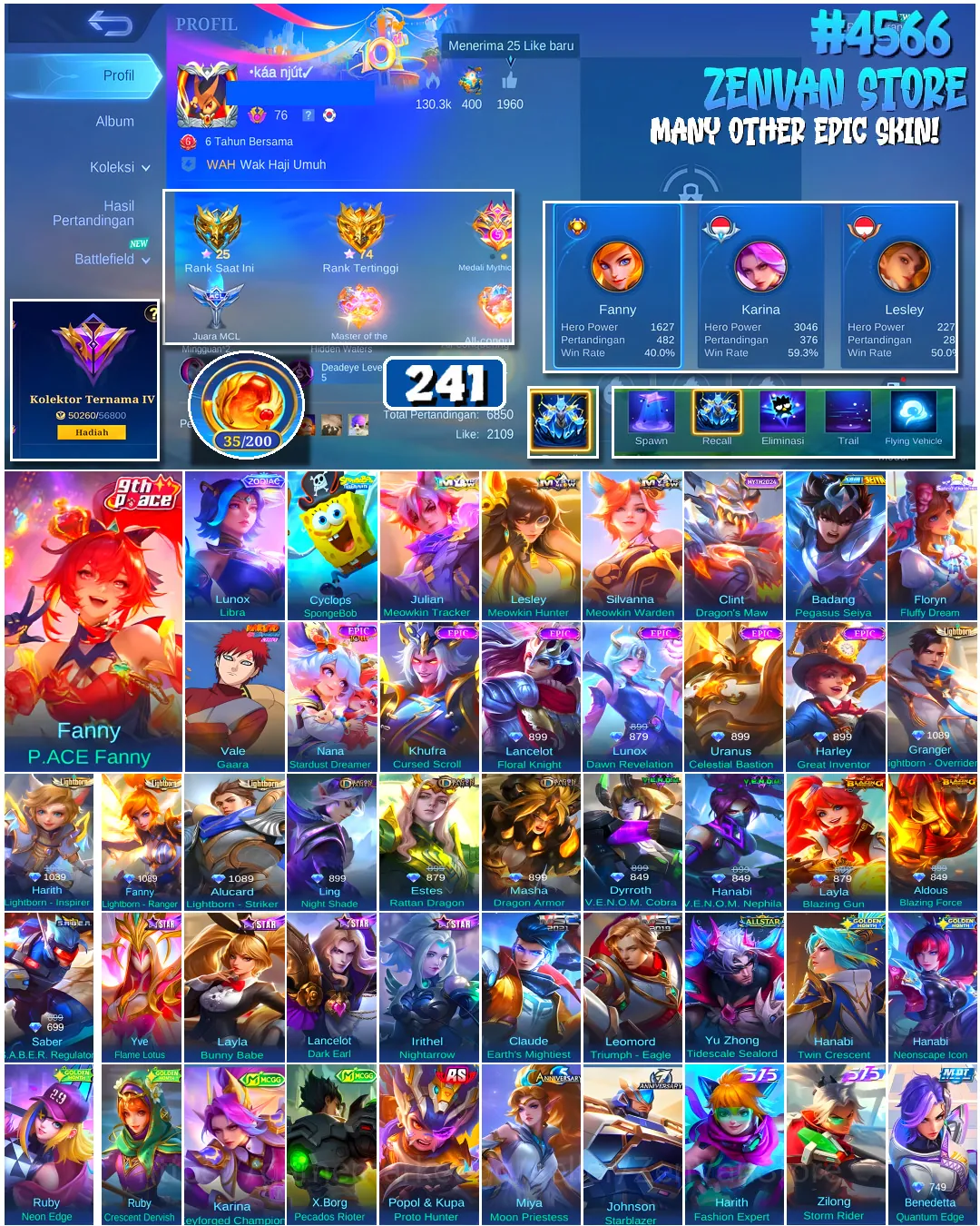 Mobile Legends: Bang Bang Accounts #4566 241 Skins | Fanny P.ACE Fanny (P.ACE) | Floryn Fluffy Dream (SANRIO) | Badang 1