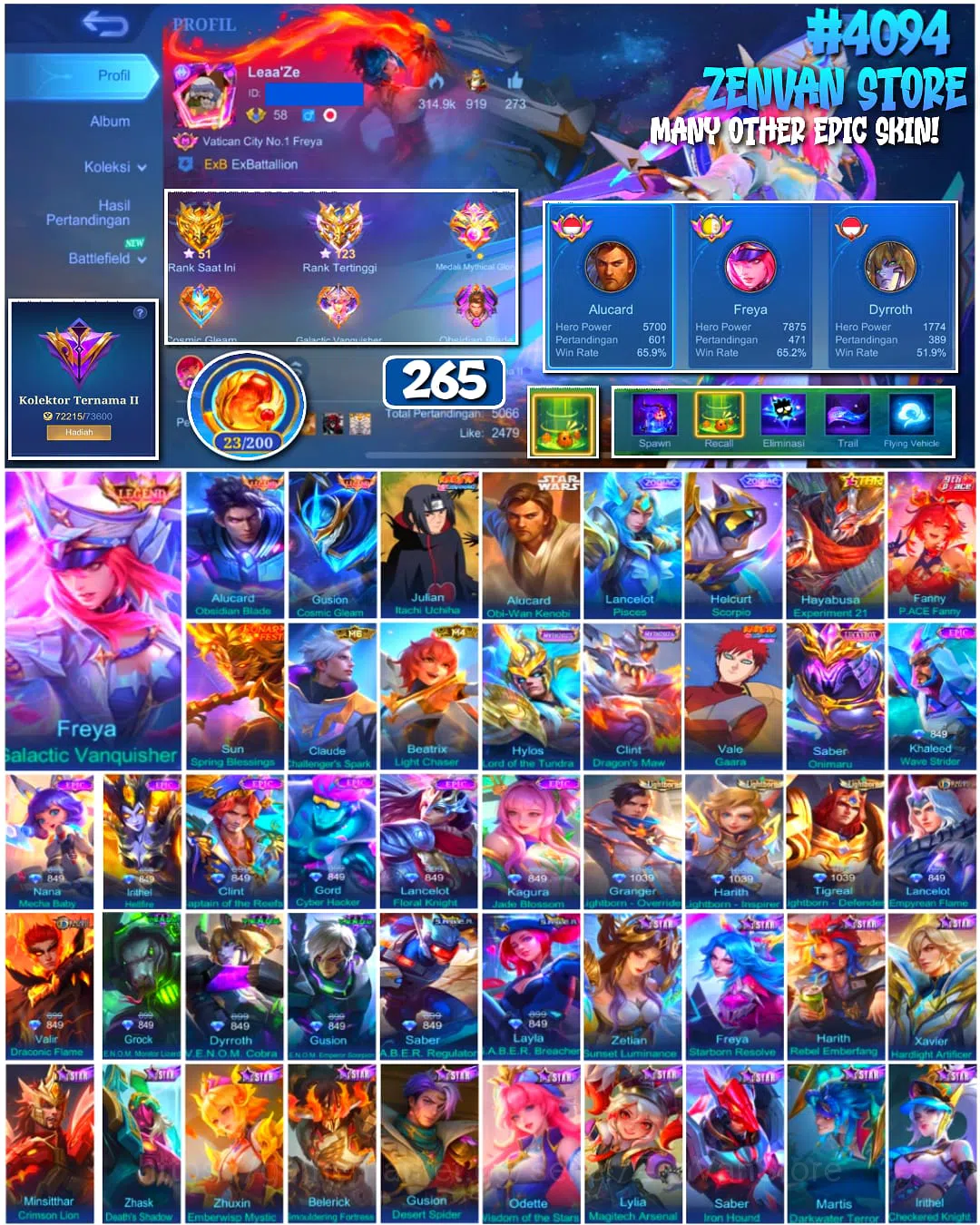 Mobile Legends: Bang Bang Accounts ๐ฅ #4094 ๐ฅ ๐ 265 Skins ๐ Legend Freya Galactic Vanquisher โ๏ธ Renowned Collector II 1