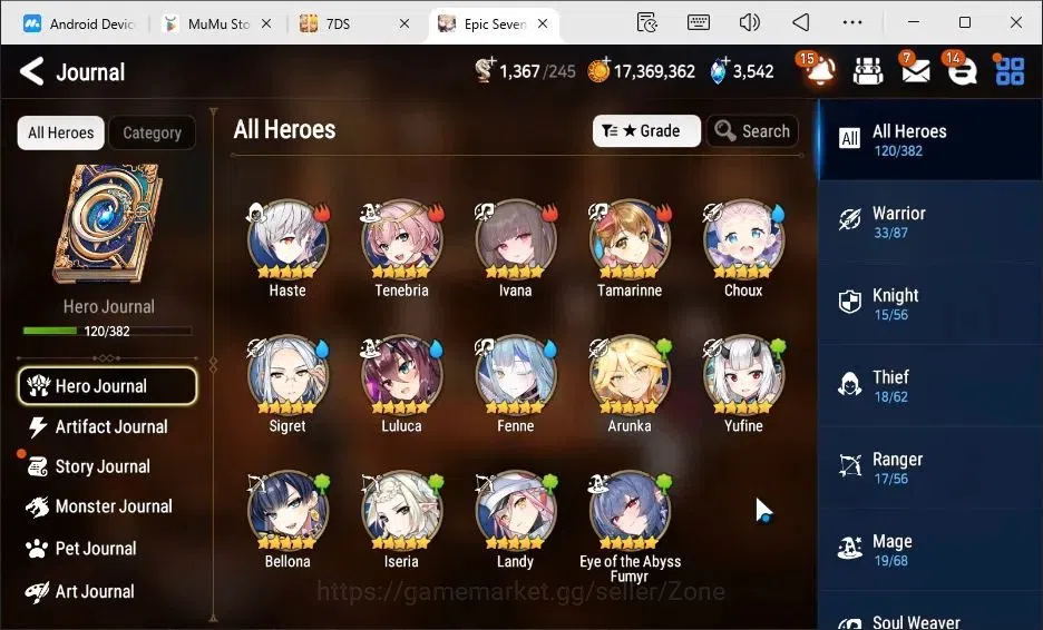 Epic Seven Accounts High-End Global|5ML (Conq. Lilias, L. Cermia, M.A. Ken, Rhianna+Luciella, Abyss Fumyr)|PoH+Bless ON|150 10