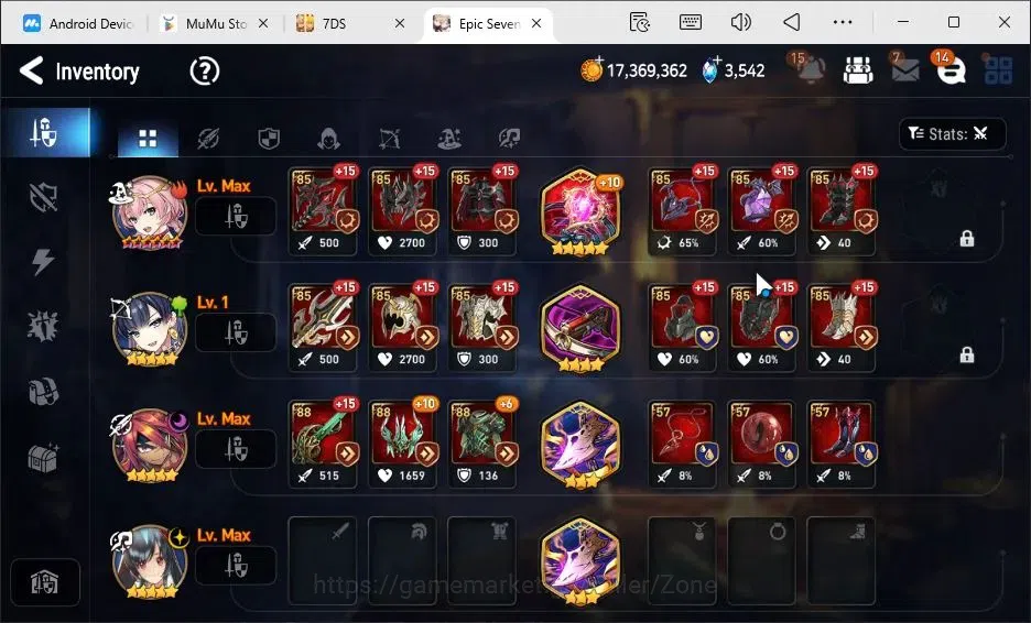 Epic Seven Accounts High-End Global|5ML (Conq. Lilias, L. Cermia, M.A. Ken, Rhianna+Luciella, Abyss Fumyr)|PoH+Bless ON|150 14