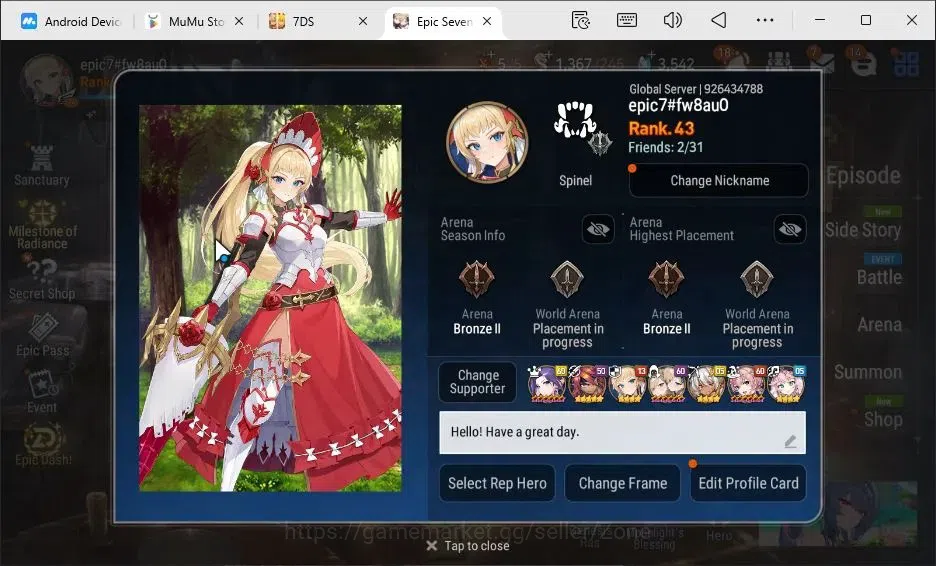 Epic Seven Accounts High-End Global|5ML (Conq. Lilias, L. Cermia, M.A. Ken, Rhianna+Luciella, Abyss Fumyr)|PoH+Bless ON|150 2