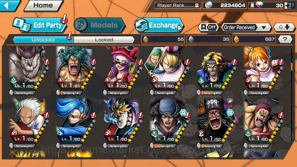 One Piece Bounty Rush Accounts Starter Global|5 EX| TFE Marshal D.Teach,KING D.Roger,Blackbeard Kuzan,HP Charlotte 6