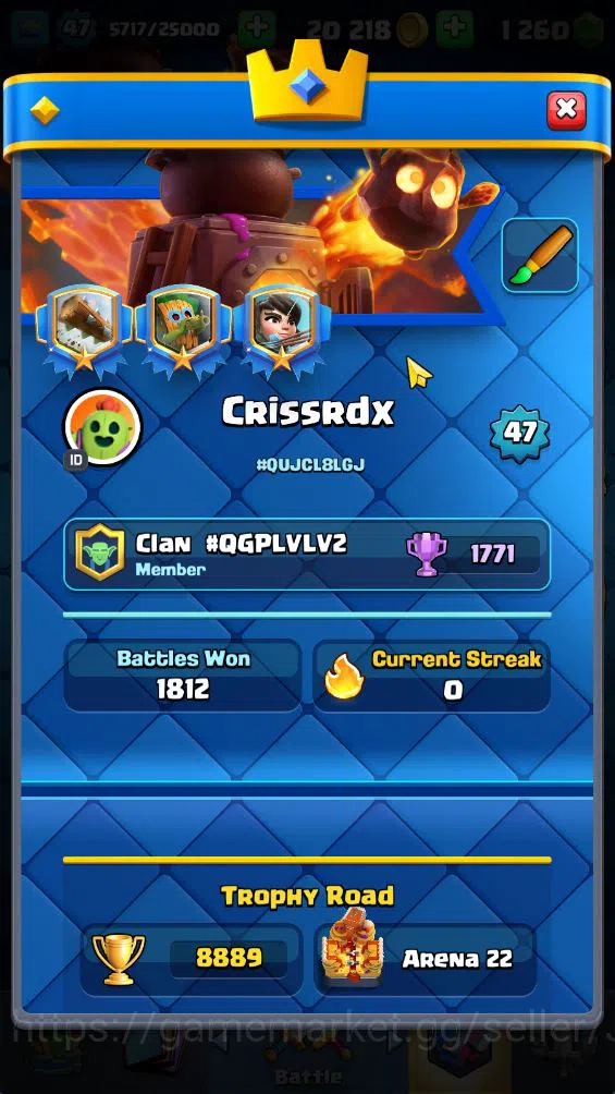 Clash Royale Accounts Midgame Lvl 47|Trophy 8889|KTL 14|Limited Skin|Card 121|2 Hero 3 EVO 8 Champ 21 Legendary 33 Epic,30 2