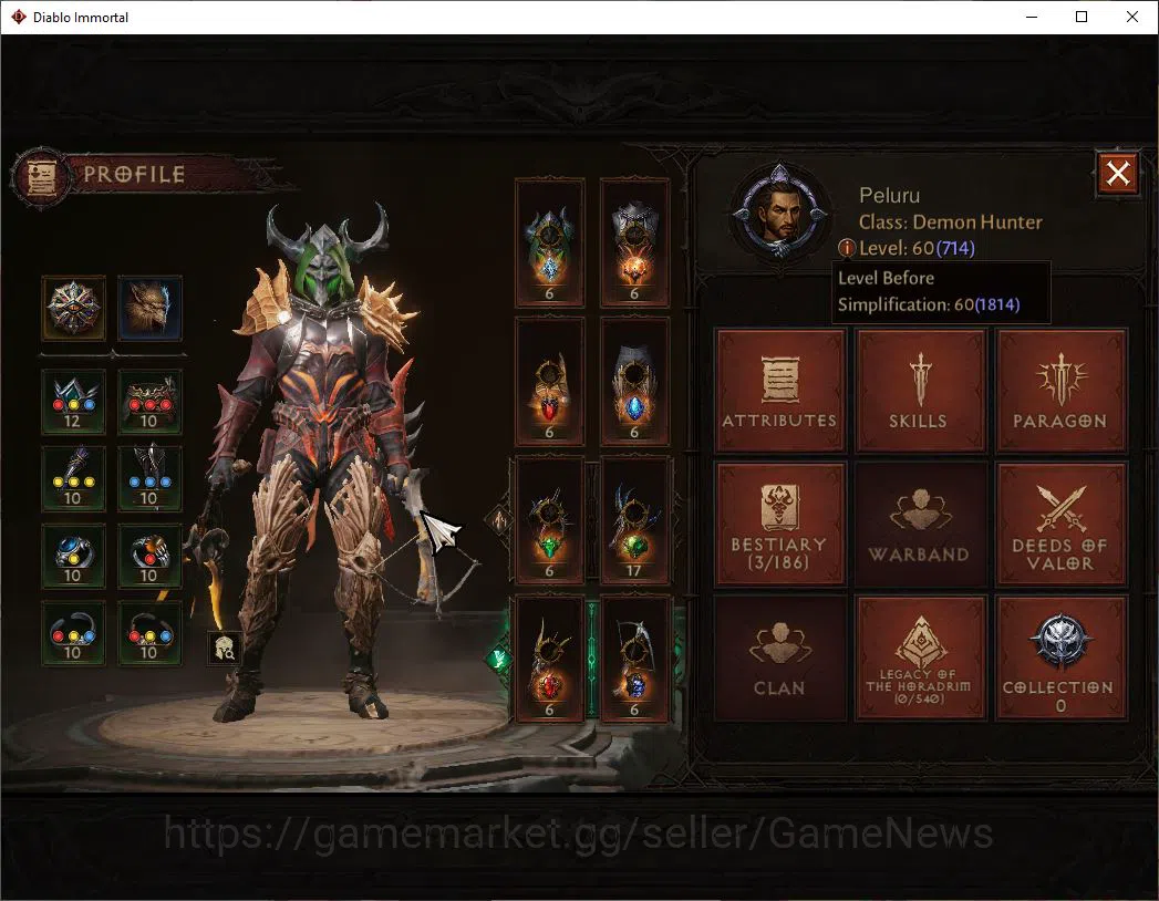 Diablo Immortal Accounts Mid-Tier SA - Malah|Lv60(714)|Demon Hunter|34k CR|Reso 480|Paragon Maledictor|Inferno I|Hell Lv 3