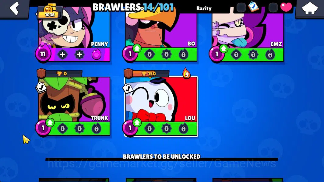 Brawl Stars Accounts 1038Trophy |14 Brawlers 3 MAX Lvl (Shelly,Rico,Penny) | 2 Epic Skin (Royale Trunk,StoneTroll Lou) |CN 10