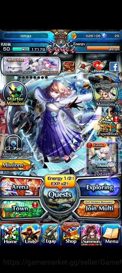 Grand Summoners Accounts End-Game Global|Rank 50|2 Ascend+1 TW( Reimu Hakurei+TW,Selia Sourcecript Witch)|Lpot 71|Check 1