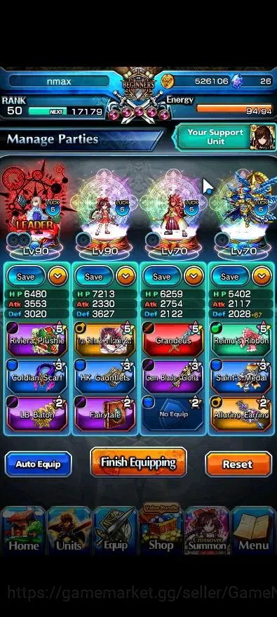 Grand Summoners Accounts End-Game Global|Rank 50|2 Ascend+1 TW( Reimu Hakurei+TW,Selia Sourcecript Witch)|Lpot 71|Check 3