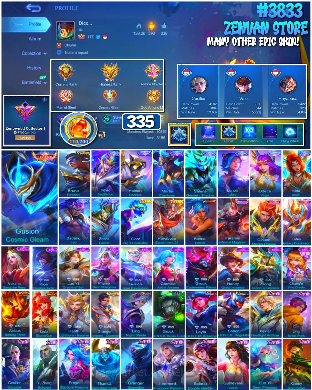 Mobile Legends: Bang Bang Accounts #3833 335 Skins | Legend Gusion | Drawing Bruno | image 1