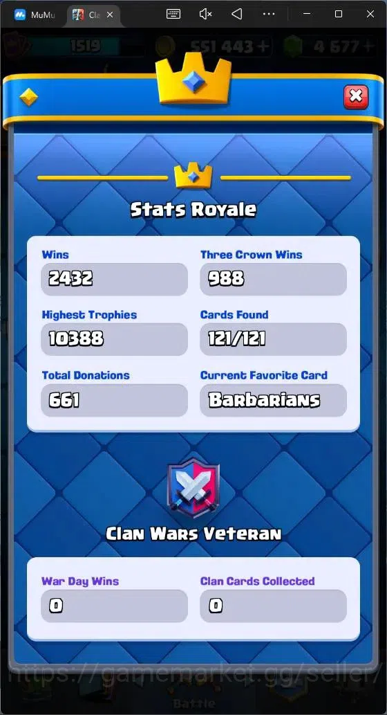 Clash Royale Accounts High-End CL 1519 |KTL 14|Trophy 10183|Card 121|1 MAX|1 L15|6 Hero|9 EVO|8 Champ|Arena 25 (Lumberlovr 17