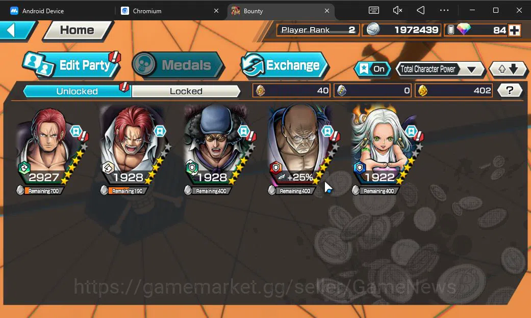 One Piece Bounty Rush Accounts Starter Global|5 EX|T5E St Ethanbaron V Nusjuro,FILM Shanks,DD Shanks,BP Kuzan,Seraphim 4