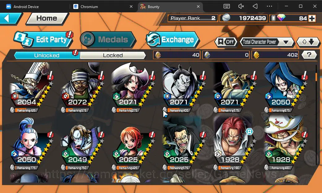 One Piece Bounty Rush Accounts Starter Global|5 EX|T5E St Ethanbaron V Nusjuro,FILM Shanks,DD Shanks,BP Kuzan,Seraphim 6