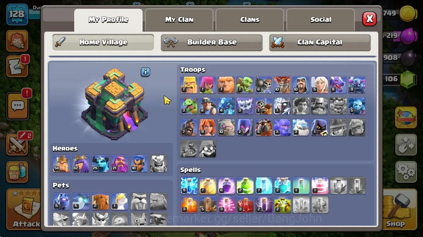 Clash of Clans Accounts High-End TH14-BH7|Lv.117|BK50,AQ62,MP25,GW21,RC18|BM11|HH8|2 Legendary & 1 Gold Skins|106 1