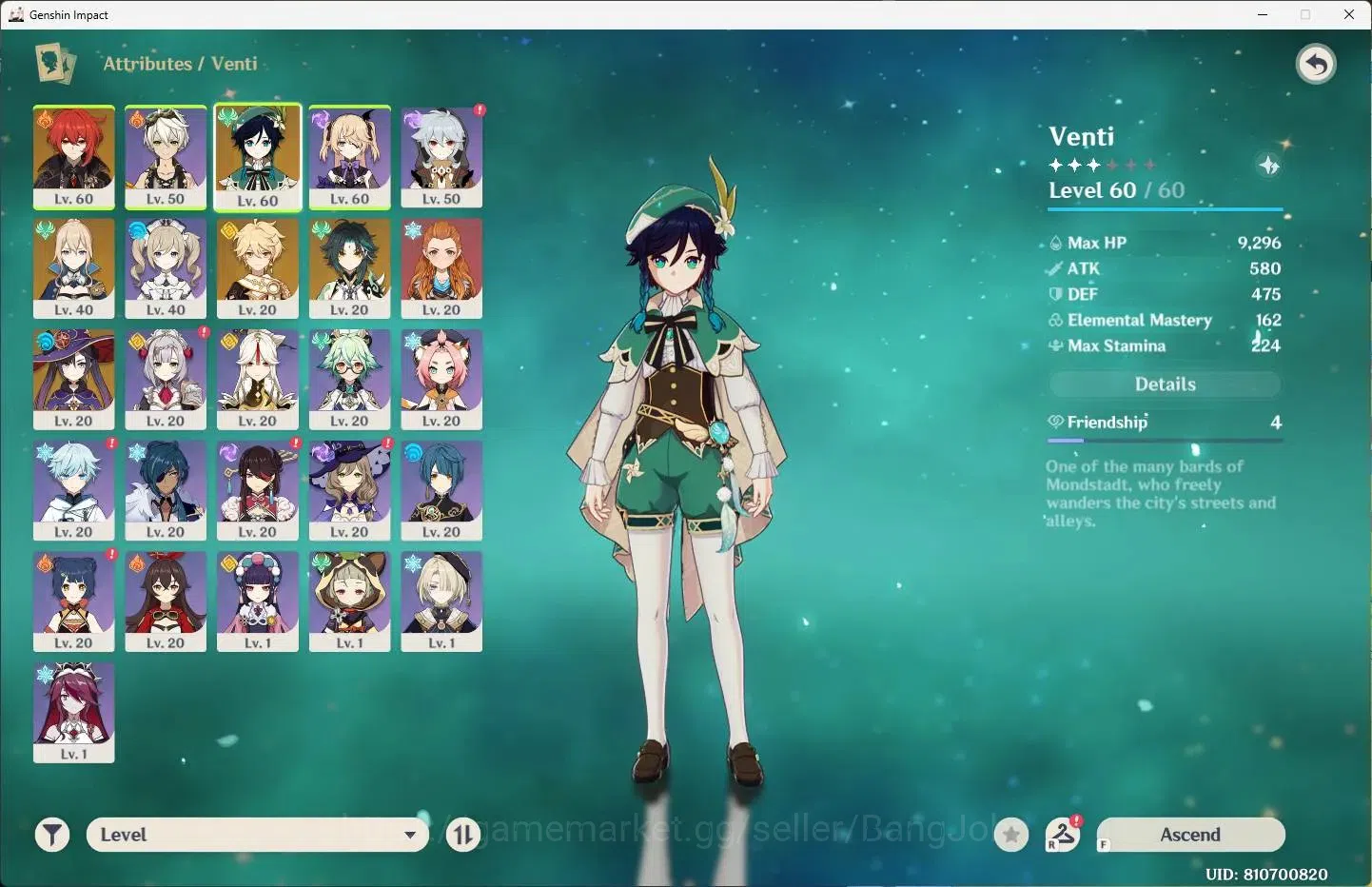 Genshin Impact Accounts ASIA | AR 33 | 2 Limit | Venti,Xiao+3 Charstd | MC image 2