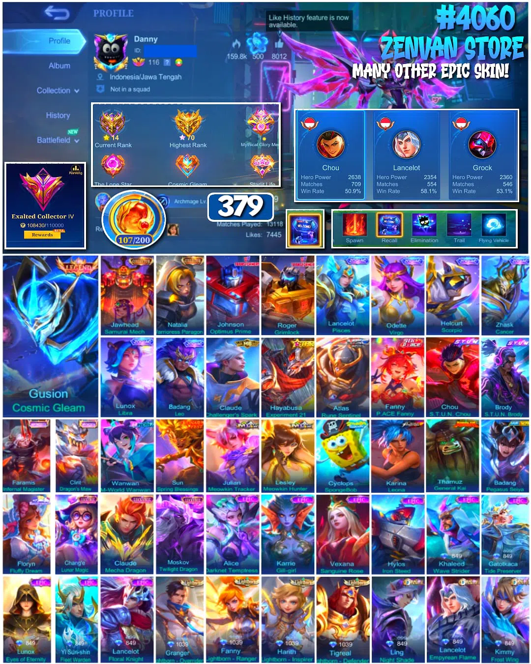 Mobile Legends: Bang Bang Accounts 🔥 #4060 🔥 379 Skins 💎 Legend Gusion Cosmic Gleam 👑 Collector Jawhead Samurai Mech ⚔️ 1