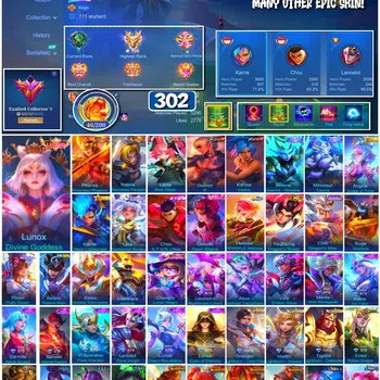 Mobile Legends: Bang Bang Accounts Collector #3928 | 302 Skins | Legend Lunox | Collector Pharsa & Natalia | Aspirant Layla