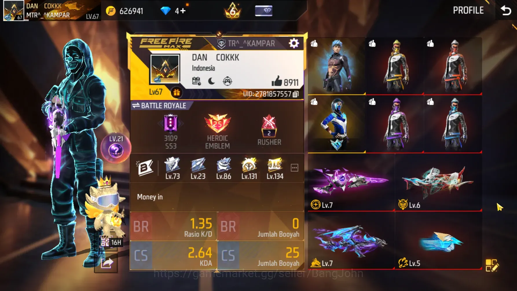 Free Fire Accounts Indonesia | 4 EVO M1887 Max,TINJU Lv 5,FAMAS Lv 6,AK47 Max| M1887 Sterling Conqueror | Electrify Bunny 1