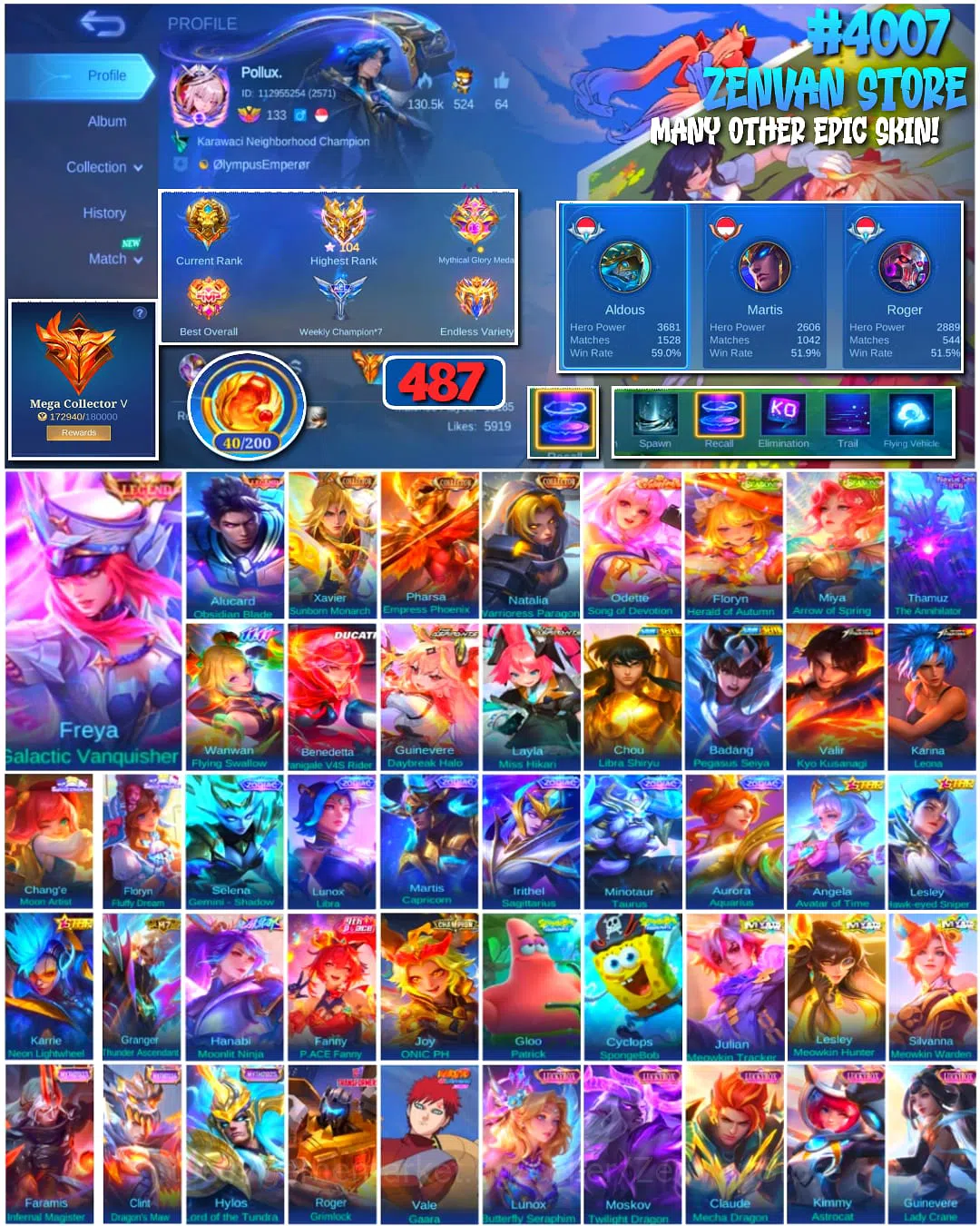 Mobile Legends: Bang Bang Accounts 🔥 #4007 🔥 487 Skins 💎 Mega Collector V 👑 2 Legend Skins ⚔️ King of Fighters Kyo 1