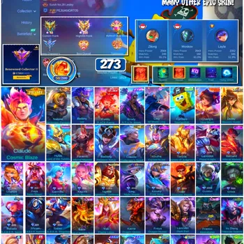 Mobile Legends: Bang Bang Accounts 🔥 #4136 🔥 💎 273 Skins 👑 Prime Claude Cosmic Blaze ⚔️ Renowned Collector III