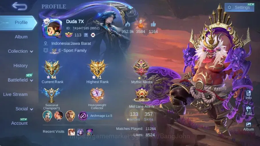Mobile Legends: Bang Bang Accounts Collector Global|Skin 357|Exalted|Legend Franco,KOF Karina,KFP Thamuz,Sanrio 1