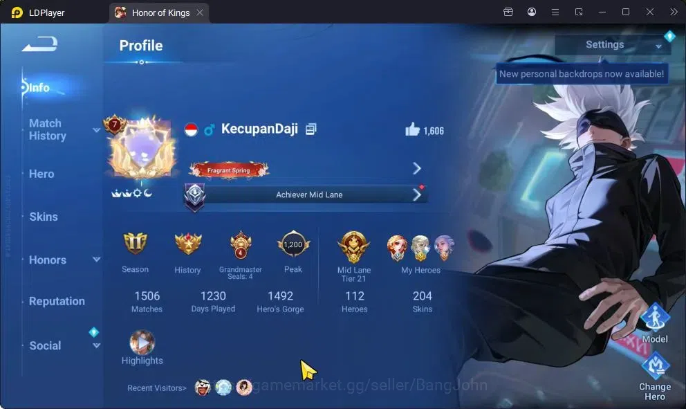 Honor of Kings Accounts Rare Skin Global|112H 204S|FLAWLESS Daji,XiaoQiao|SXD HouYi,|JJK Kongming|Limit 1
