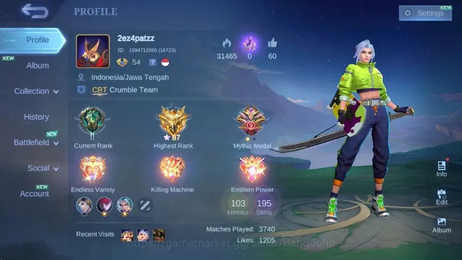 Mobile Legends: Bang Bang Accounts Collector Global|Skin 195|Renowned|KOF Karina,Sanrio Floryn,Collector Natalia,Blazing 1