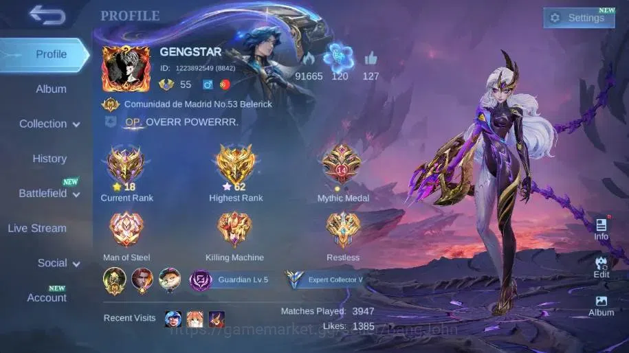 Mobile Legends: Bang Bang Accounts Collector Global|Skin 121|Expert|LBox Karina,Blazing Franco,S.A.B.E.R Saber,Valentine 1